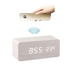 Ξύλινο Επιτραπέζιο Ρολόι - Ξυπνητήρι με Ασύρματη Φόρτιση Κινητού σε Χρώμα Λευκό
