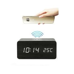 Ξύλινο Επιτραπέζιο Ρολόι - Ξυπνητήρι με Ασύρματη Φόρτηση Κινητού σε Χρώμα Βέγκε