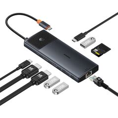 Baseus Hub USB-C la 2 x HDMI, 3xUSB, 2xUSB-C, RJ45, SD,TF - Baseus Metal Gleam Series II (B00061800123-00) - Black 6932172643317 έως 12 άτοκες Δόσεις