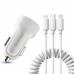 Dudao car kit charger 2x USB 2.4A + cable USB 3in1 Lightning / Type C / micro USB cable white (R7 white)