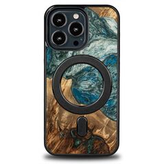 Wood and Resin Case for iPhone 13 Pro MagSafe Bewood Unique Planet Earth - Blue-Green