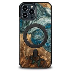Wood and Resin Case for iPhone 13 Pro Max MagSafe Bewood Unique Planet Earth - Blue Green