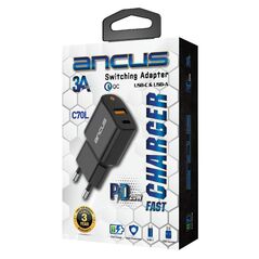 Ancus Φορτιστής Ταξιδίου Switching Ancus Supreme Series C70L Dual Fast Charge USB/USB-C Έξοδο QC3.0 PD 20W Μαύρο με LED 35087 5210029092251
