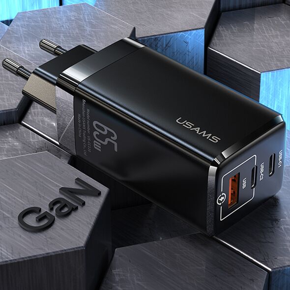 USAMS Incarcator priza 2x Type-C, USB 65W - USAMS T33 (US-CC110) - Black 6958444922898 έως 12 άτοκες Δόσεις