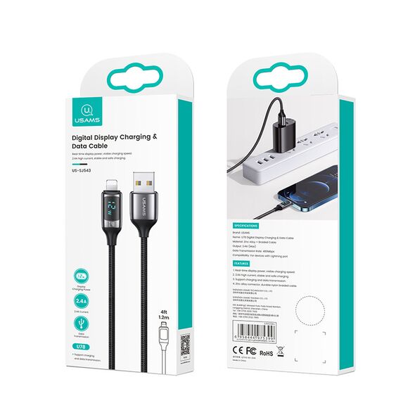 USAMS Cablu de Date USB la Lightning PD, 12W, Digital Display, Fast Charge, 1.2m - USAMS U78 (US-SJ543) - Black 6958444975399 έως 12 άτοκες Δόσεις