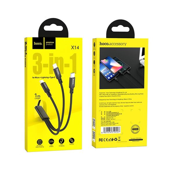 Hoco Cablu de Date USB-A la Type-C, Micro-USB, Lightning 2A, 1m - Hoco Times (X14) - Black 6931474719157 έως 12 άτοκες Δόσεις