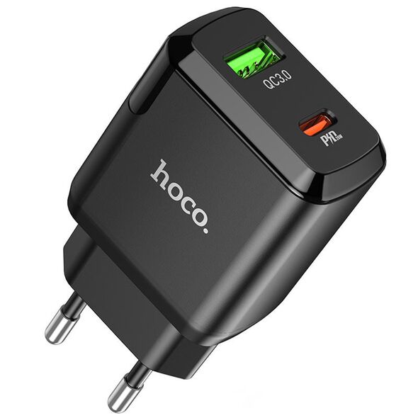 Hoco Incarcator Priza USB-A, Type-C, Q.C 3.0, PD 20W, 3A + Cablu Type-C - Hoco Favor (N5) - Black 6931474738936 έως 12 άτοκες Δόσεις