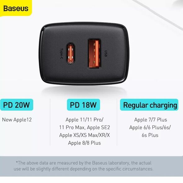 Baseus Incarcator Priza USB QC3.0 + Type-C 20W - Baseus Compact (CCXJ-B01) - Black 6953156207233 έως 12 άτοκες Δόσεις