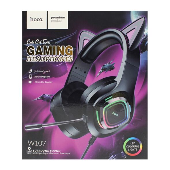 Hoco Casti Gaming Jack 3.5mm cu LED si Microfon - Hoco Cat Ears (W107)  - Black / Pink 6931474791252 έως 12 άτοκες Δόσεις