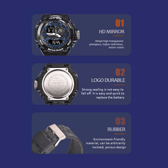 Αθλητικό Ρολόι με Αναλογικό και Ψηφιακό Μηχανισμό, Χρονόμετρο, Ξυπνητήρι και Ημερομηνία- Μαύρο με Μπλε Λεπτομέρειες