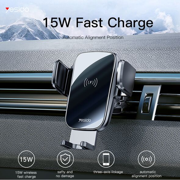 Yesido Yesido - Car Holder with Wireless Charging (C186) - for Dashboard, Windshield, Air Vent 15W - Black  έως 12 άτοκες Δόσεις