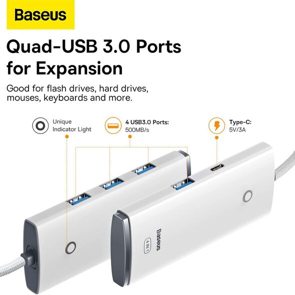 Baseus Hub USB la 4x USB 3.0, Type-C, 1m - Baseus Lite Series (WKQX030102)  - White 6932172606213 έως 12 άτοκες Δόσεις