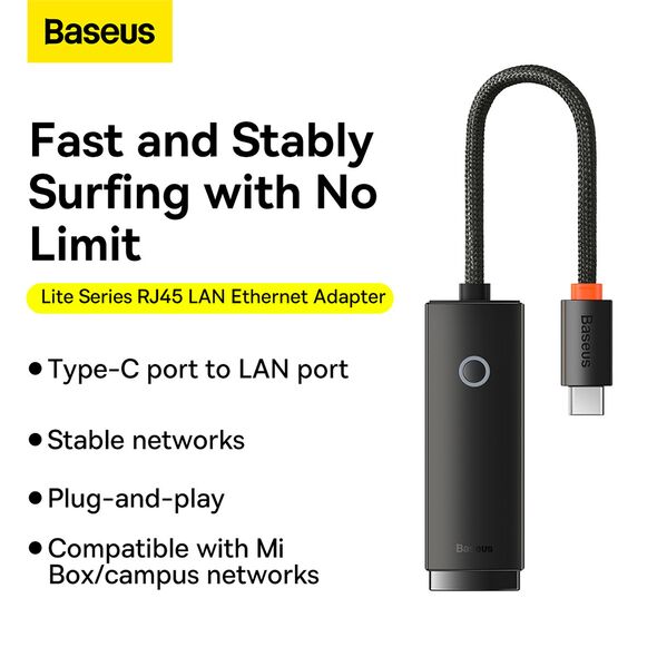 Baseus Adaptor USB-C to RJ45 LAN Port, 1000Mbps - Baseus Lite Series (WKQX000301) - Black 6932172606114 έως 12 άτοκες Δόσεις
