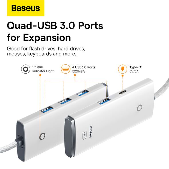 Baseus Hub USB-C la 4x USB 3.0, Type-C, 1m - Baseus Lite Series (WKQX030402) - White 6932172606275 έως 12 άτοκες Δόσεις