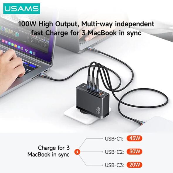 USAMS Usams - Wall Charger US-CC163 T50 (CC163TC01) - 3 x Type-C, USB, 100W - Black 6958444901367 έως 12 άτοκες Δόσεις