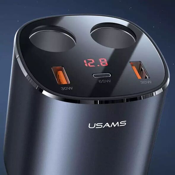 USAMS Usams - Dual Cigarette Lighters Fast Car Charger US-CC151 C28 (CC151TC01) - 2 x USB, Type-C, Digital Display, 245W - Grey 6958444975757 έως 12 άτοκες Δόσεις