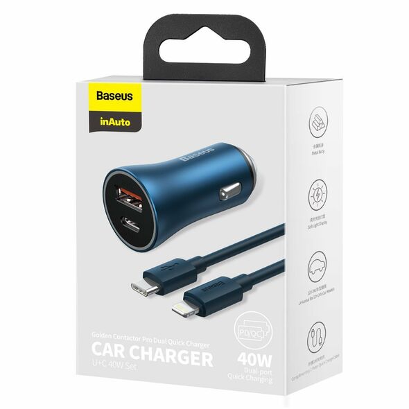 Baseus Baseus Golden Contactor Pro car charger, USB + USB-C, QC4.0+, PD, SCP, 40W (blue) + USB-C - Lightning cable 1m (blue) 026541  TZCCJD-03 έως και 12 άτοκες δόσεις 6953156201965