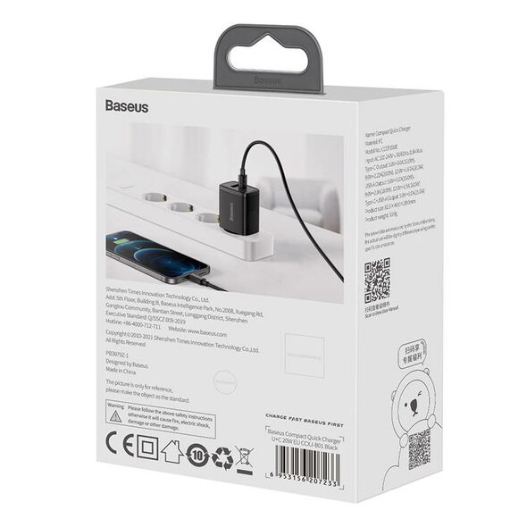 Baseus Baseus Compact Quick Charger, USB, USB-C, 20W (black) 027447  CCXJ-B01 έως και 12 άτοκες δόσεις 6953156207233