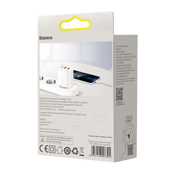 Baseus Ładowarka sieciowa Baseus Compact Quick Charger, 2xUSB, USB-C, PD, 3A, 30W (biała) 028971  CCXJ-E02 έως και 12 άτοκες δόσεις 6953156207301