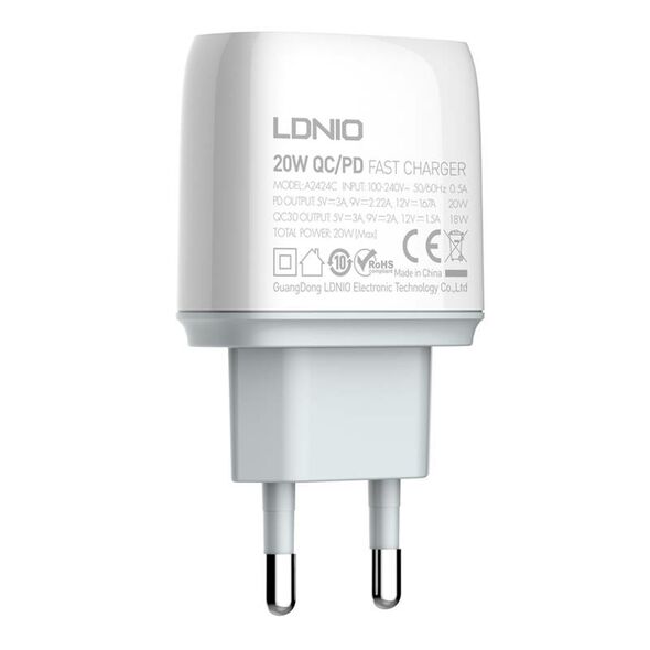 LDNIO Wall charger LDNIO A2424C USB, USB-C 20W + microUSB Cable 042464  A2424C Micro έως και 12 άτοκες δόσεις 5905316144446