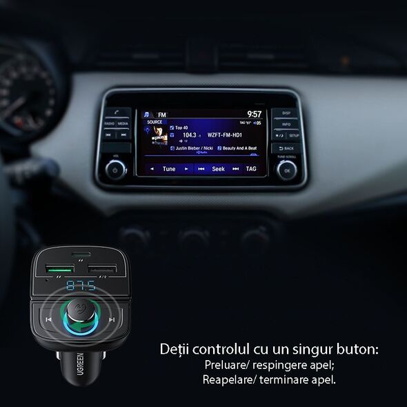 Ugreen Ugreen - FM Modulator with Car Charger (80910) - 2xUSB-A, 1xType-C, TF Card Slot with LED Display, 31.5W - Black 6957303889105 έως 12 άτοκες Δόσεις