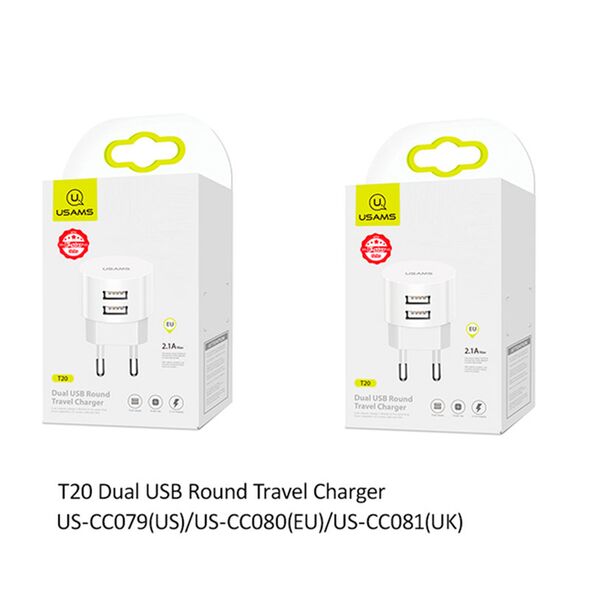 USAMS Incarcator de priza 2 x USB-A, 2.1A - Usams T20 (US-CC080) - White 6958444970035 έως 12 άτοκες Δόσεις