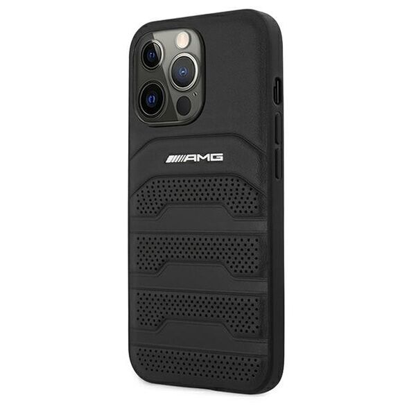 AMG case for iPhone 13 Pro Max 6,7&quot; AMHCP13XGSEBK black HC Leather Debossed Lines White Logo 3666339018962