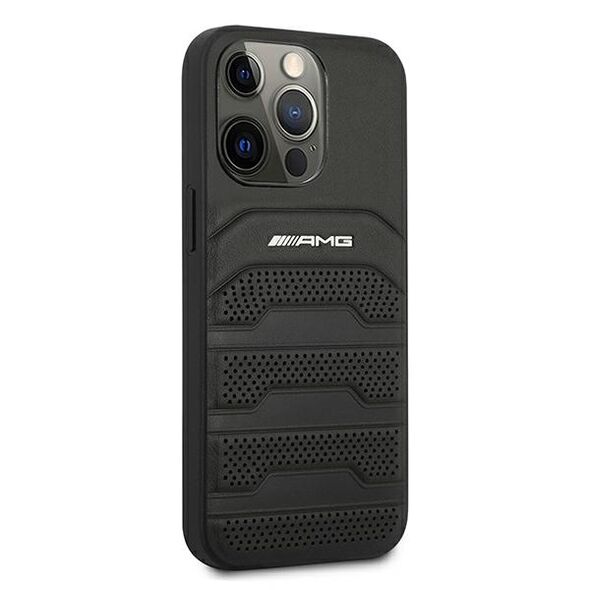 AMG case for iPhone 13 6,1&quot; AMHCP13LGSEBK black HC Leather Debossed Lines White Logo 3666339018955