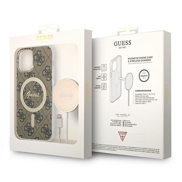 Guess set case + charger for iPhone 12 / 12 Pro 6,1&quot; GUBPP12MH4EACSW brown hard case 4G Print MagSafe 3666339102852