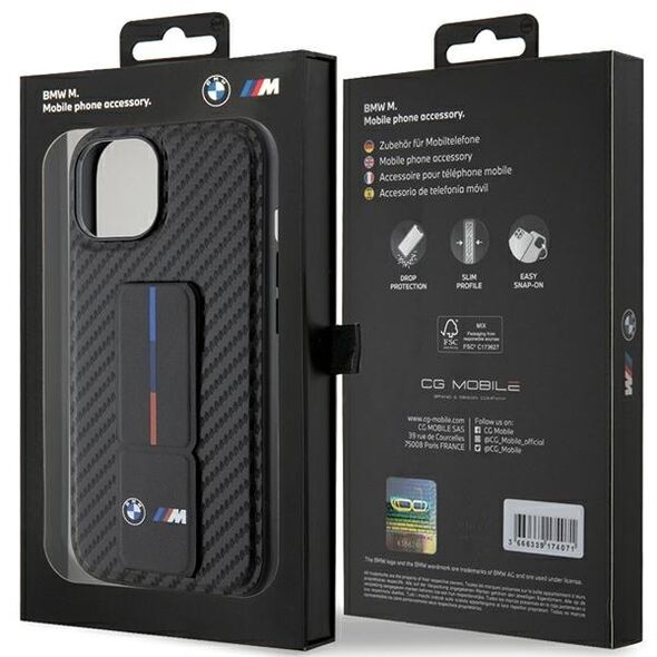 BMW case for iPhone 15 6,1&quot; black BMHCP15SGSPCCK M HC GRIP STAND PU SMOOTH AND CARBON BLACK 3666339204440
