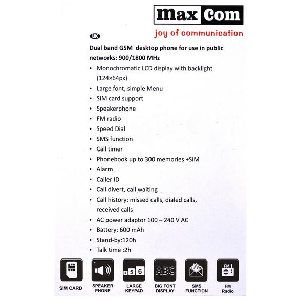 Maxcom Σταθερό GSM Τηλέφωνο Maxcom Comfort MM28D Μαύρο με Λειτουργία Κινητού Τηλεφώνου και Ραδιόφωνο 16122 5908235974033