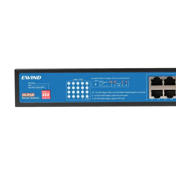 Ewind Ethernet Switch Ewind EW-S1619CF-AP 16x10/100Mbps + 2x100M RJ45+1x100/1000Mbps  PoE με Gigabit SFP Uplink 40387 40387