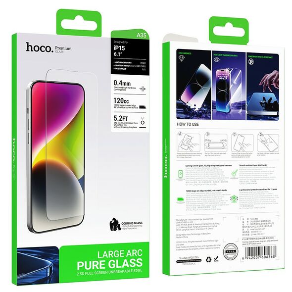 Hoco Tempered Glass Hoco Premium Series A35 120CC Large Arc Dustproof 0.4mm 2.5D Anti-Fall για Apple iPhone 15 40646 6942007608237