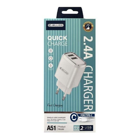 Wall Charger 2.4A 2x USB + Cable USB - USB-C Jellico A51 white 6972310647784