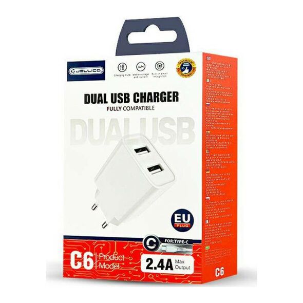 Wall Charger 2.4A 2x USB + Cable USB - USB-C Jellico C6 white 6973771102485
