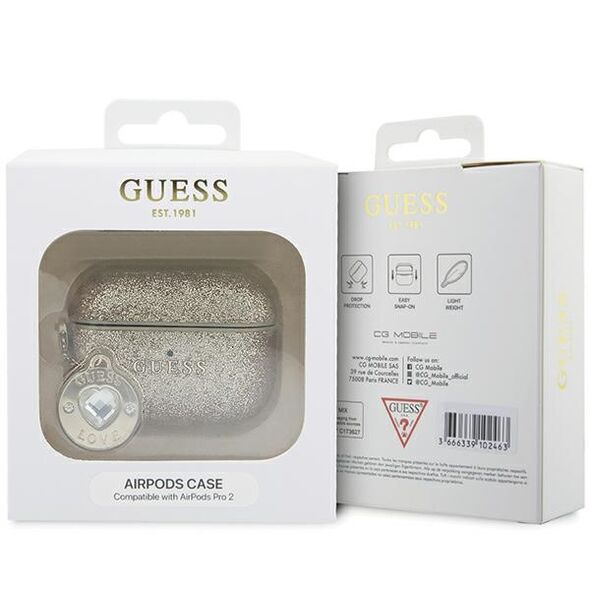 Guess case for AirPods Pro 2 GUAP2PGEHCDD gold Fixed Glitter W/ Heart Diamond Charm Light 3666339171223