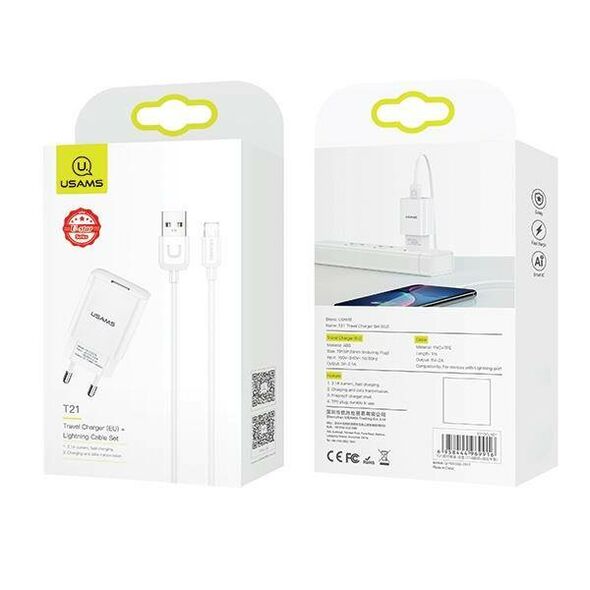 Wall Charger 2.1A + Cable 1m USB - Lightning Usams T21 Fast Charging T21OCLN01 white 6958444969916