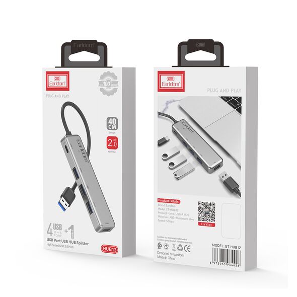 USB hub Earldom ET-HUB12, USB 2.0, 5 Ports, Gray - 12069 έως 12 άτοκες Δόσεις