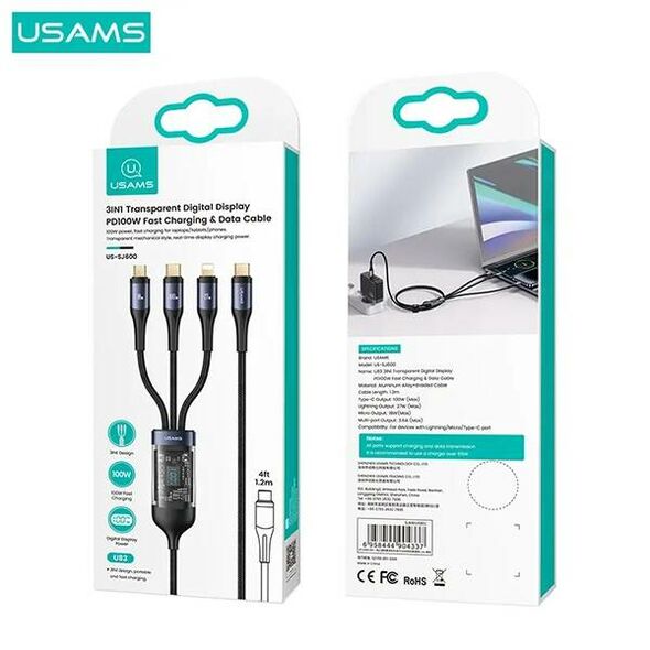 3in1 Cable 100W 1.2m USB-C - USB-C + micro USB + Lightning Digital Display PD Fast Charge USAMS U83 SJ600USB01 (US-SJ600) 6958444904337